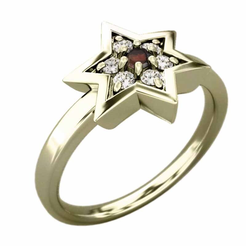 k10イエローゴールド 指輪 ヘキサグラム 1月の誕生石 ガーネット 天然ダイヤモンド 六芒星中サイズ