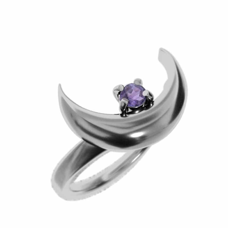 リング 18金ホワイトゴールド 月 一粒石 アメジスト(紫水晶) 2月の誕生石