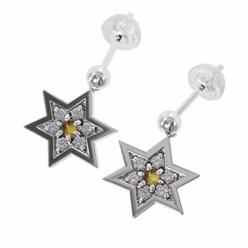 注目ブランド 天然ダイヤモンド シトリン ペアピアス k18ホワイト 六芒星 ゴールド