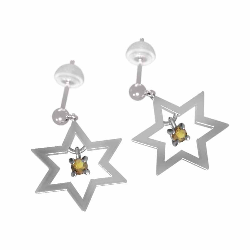 ペア ピアス シトリントパーズ ヘキサグラム 一粒 18金ホワイトゴールド 11月の誕生石 キャッチ付き 中サイズ