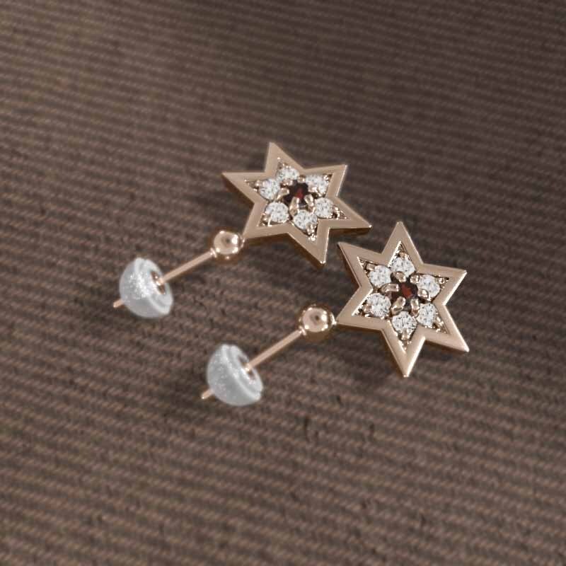 今季ブランド ピアス ペア ヘキサグラム 18k 天然ダイヤモンド ガーネット ゴールド