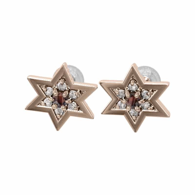 【即納】 ペア 18k ヘキサグラム 天然ダイヤモンド ガーネット ピアス ゴールド