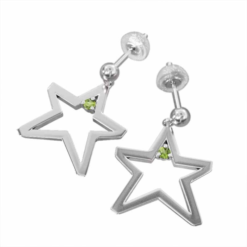 両耳 ピアス スター ヘッド 一粒 ペリドット k18ホワイトゴールド 8月誕生石 キャッチ付き 大サイズ ブラブラタイプ