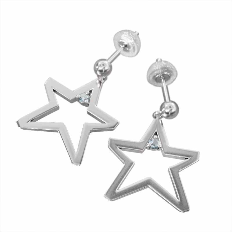 k18ホワイトゴールド 両耳 ピアス 星の形 一粒 3月の誕生石 アクアマリン キャッチ付き 大サイズ ブラブラタイプ