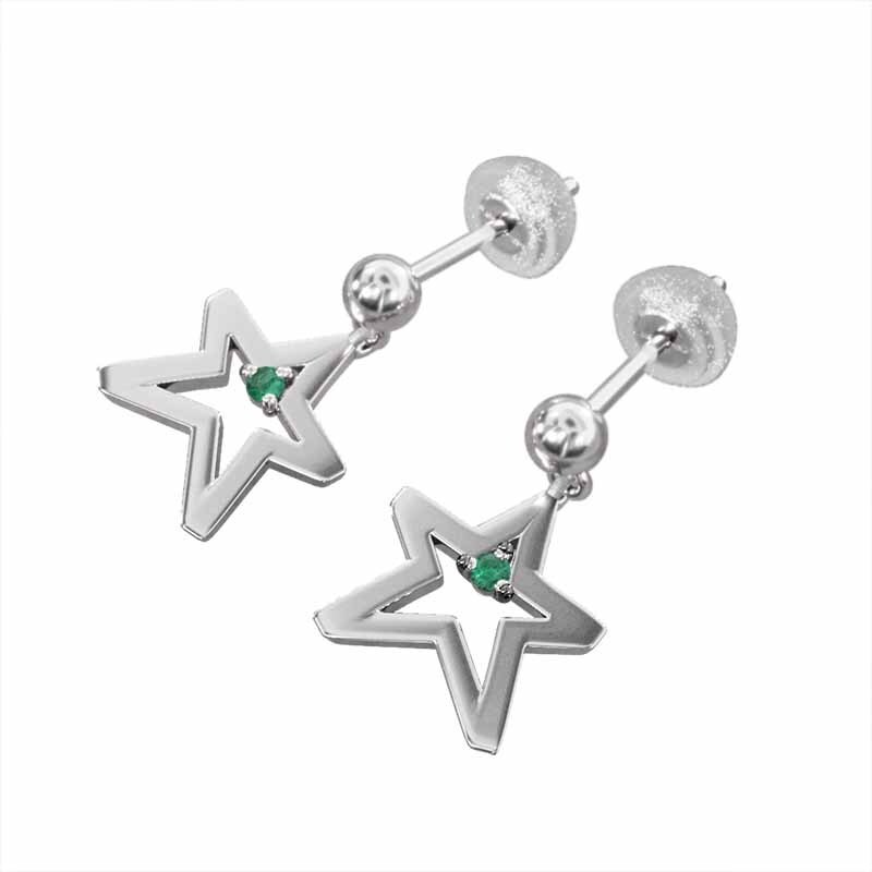 k18ホワイトゴールド 両耳 ピアス 星型 一粒 5月誕生石 エメラルド キャッチ付き 小サイズ ブラブラタイプ