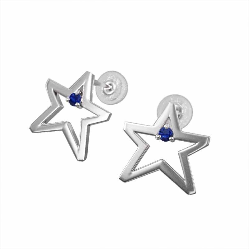 サファイア(青) 両耳 ピアス スター ヘッド 一粒 9月の誕生石 18kホワイトゴールド キャッチ付き 中サイズ