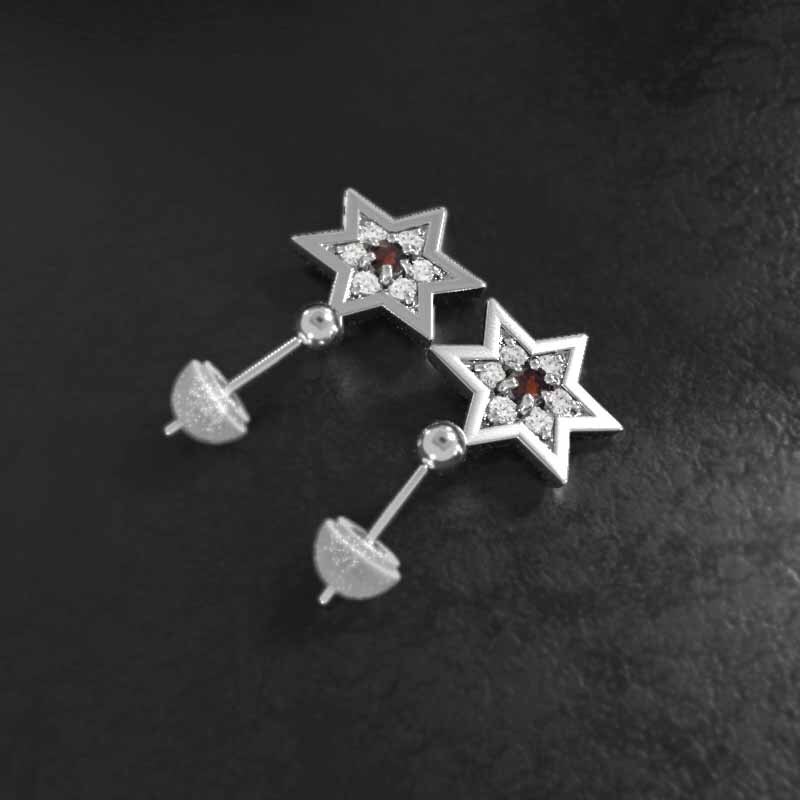  pair earrings garnet natural diamond six . star platinum 900 catch attaching bla type middle size 