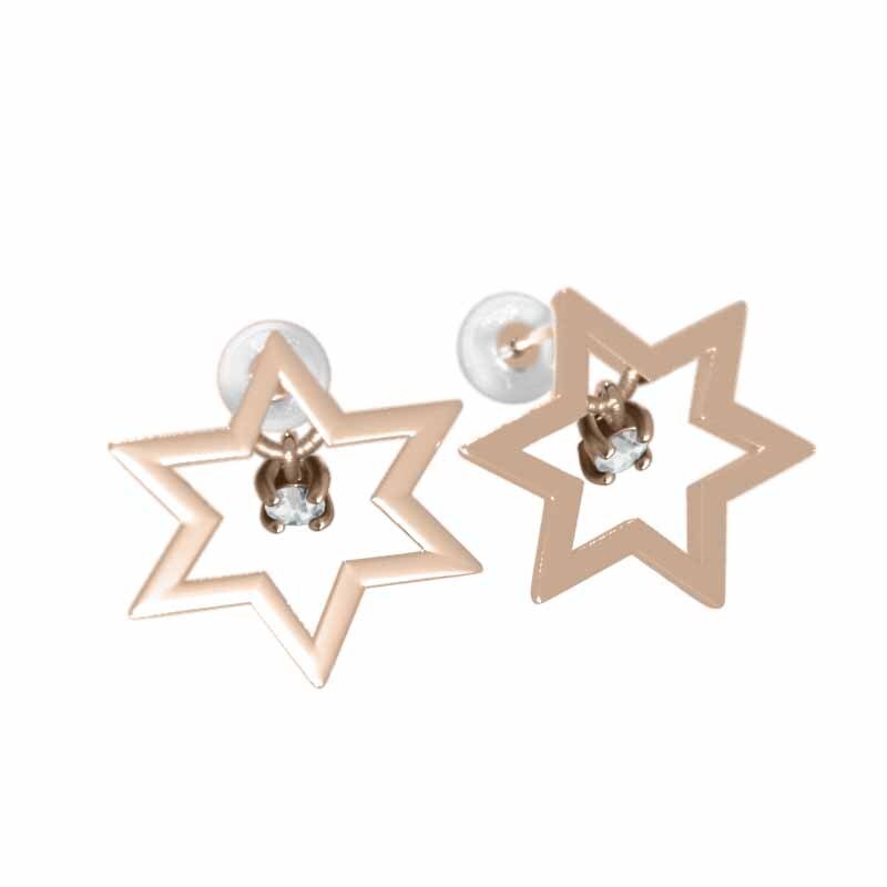 ペアピアス 18kピンクゴールド 六芒星 1粒石 アクアマリン 3月誕生石 キャッチ付き 中サイズ