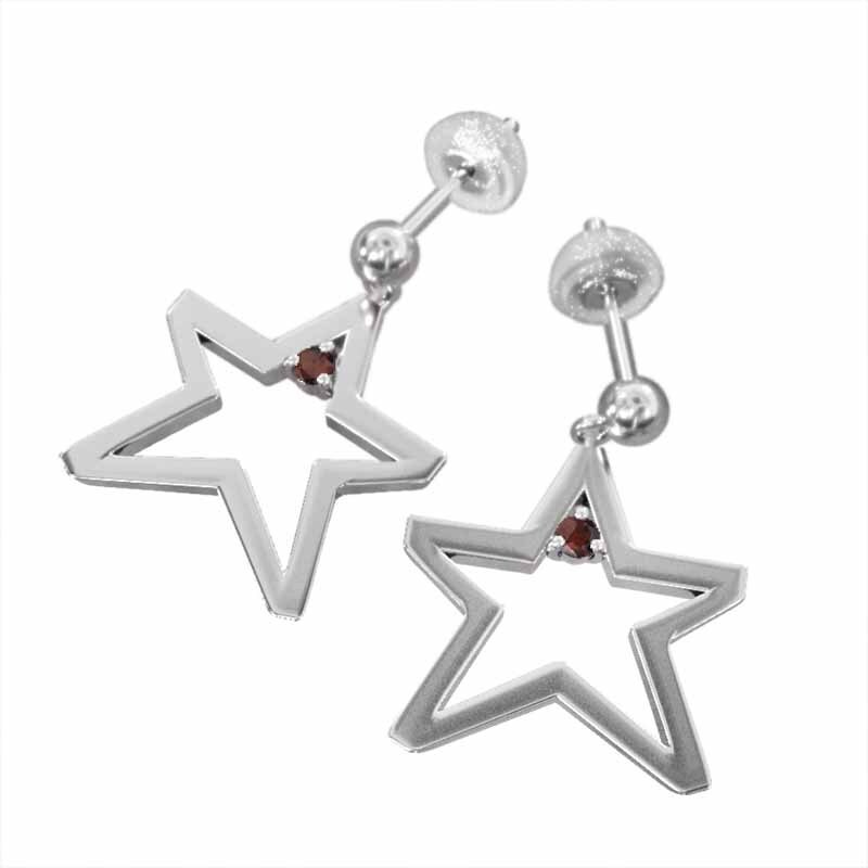 18金ホワイトゴールド 星の形 両耳 ピアス 一粒 ガーネット キャッチ付き 大サイズ ブラブラタイプ