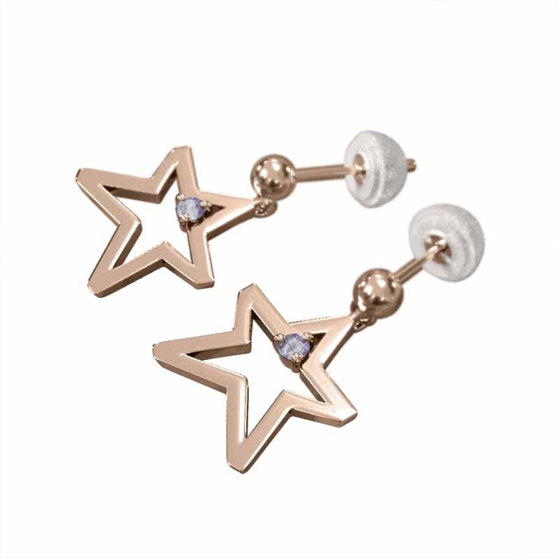 18kピンクゴールド 星の形 両耳 ピアス 一粒 タンザナイト キャッチ付き 中サイズ ブラブラタイプ