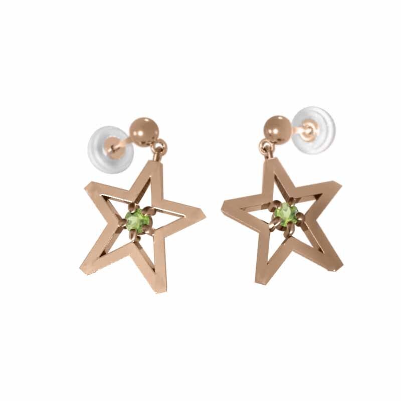 輝い スター ペアピアス ペリドット 星 8月 ピンクゴールドk18 1粒石 ペリドット