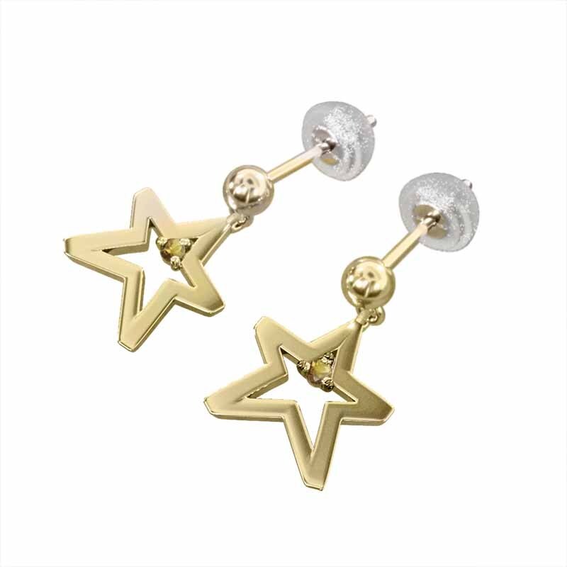 両耳 ピアス K18 星の形 一粒 シトリン 11月の誕生石 キャッチ付き 小サイズ ブラブラタイプ