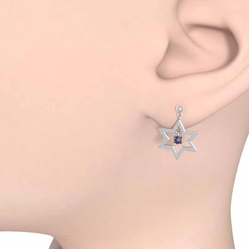 両耳 ピアス 六芒星 一粒 アメジスト(紫水晶) 18金ホワイトゴールド 2月誕生石 キャッチ付き 小サイズ