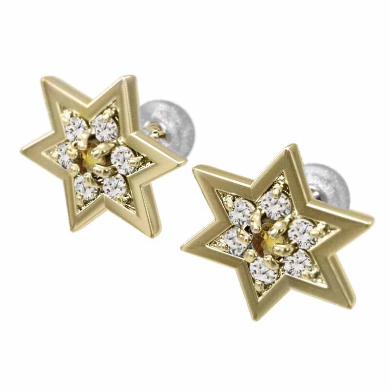 訳あり商品 ペアピアス 六芒星 シトリン 天然ダイヤモンド K18 キャッチ付き ゴールド