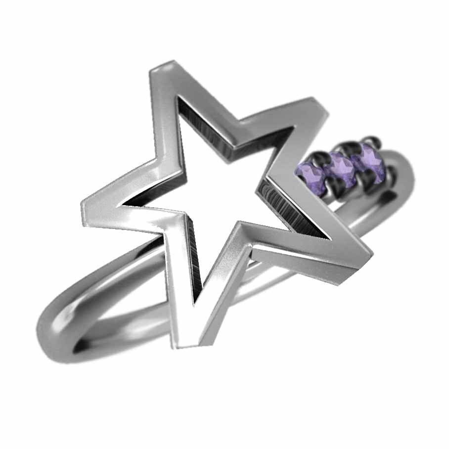 18金ホワイトゴールド リング スター 星 スリー ストーン 2月の誕生石 アメシスト(紫水晶)