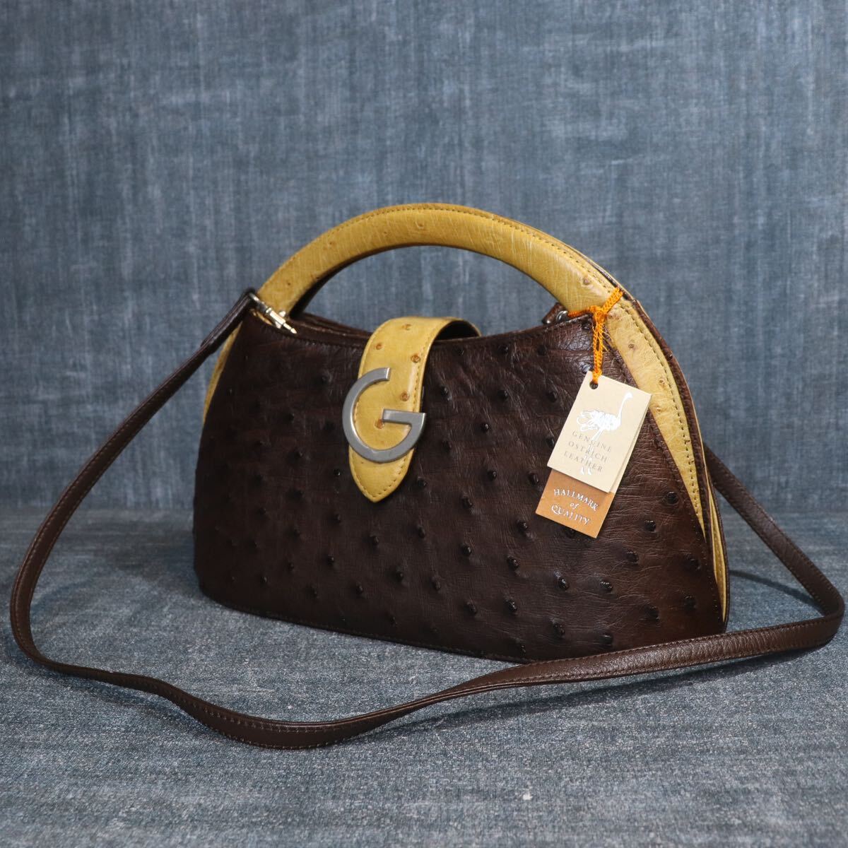 １円スタート オーストリッチ 2way ショルダー バイカラー GRES ハンドバッグ ダチョウ genuine ostrich 駝鳥 エキゾチックレザー 1スタ