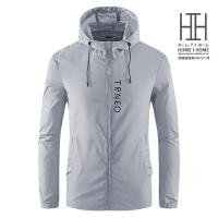 L gray men's windbreaker English character long sleeve print with logo water repelling processing uv cut thin stylish feather weave outdoor running .