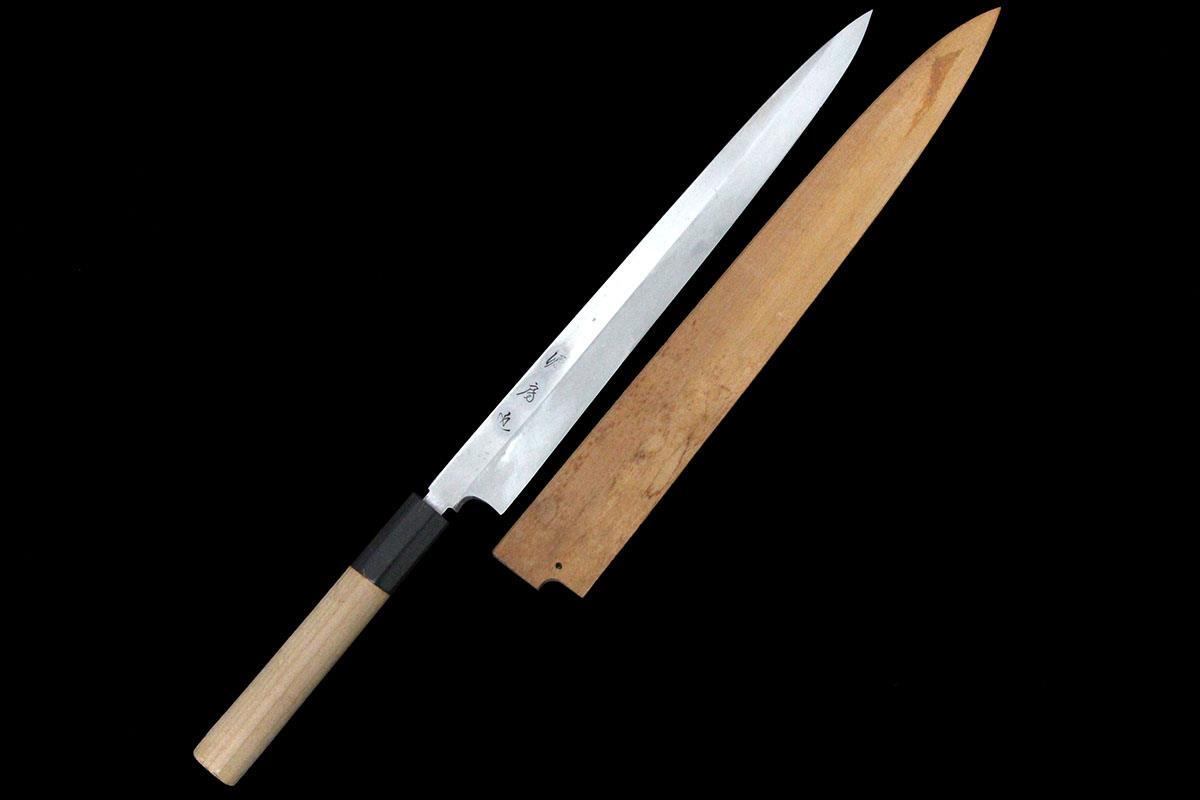 美品｜源房近 柳刃包丁 本焼 尺一 朴柄 白鞘付 KN02-A10288-2L3B