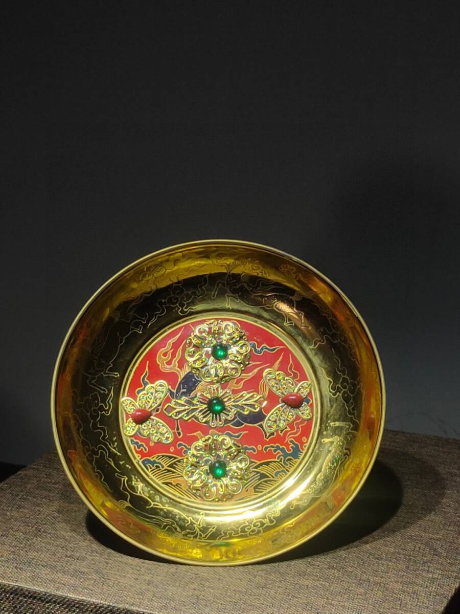 【海】七宝銅胎琺瑯 朱肉入(朱肉あり)古銅 元箱付 時代品 骨董品 中国美術品 3438 中国骨董品 人間国宝 銅制 極細工『大明成化金宝石盤一対