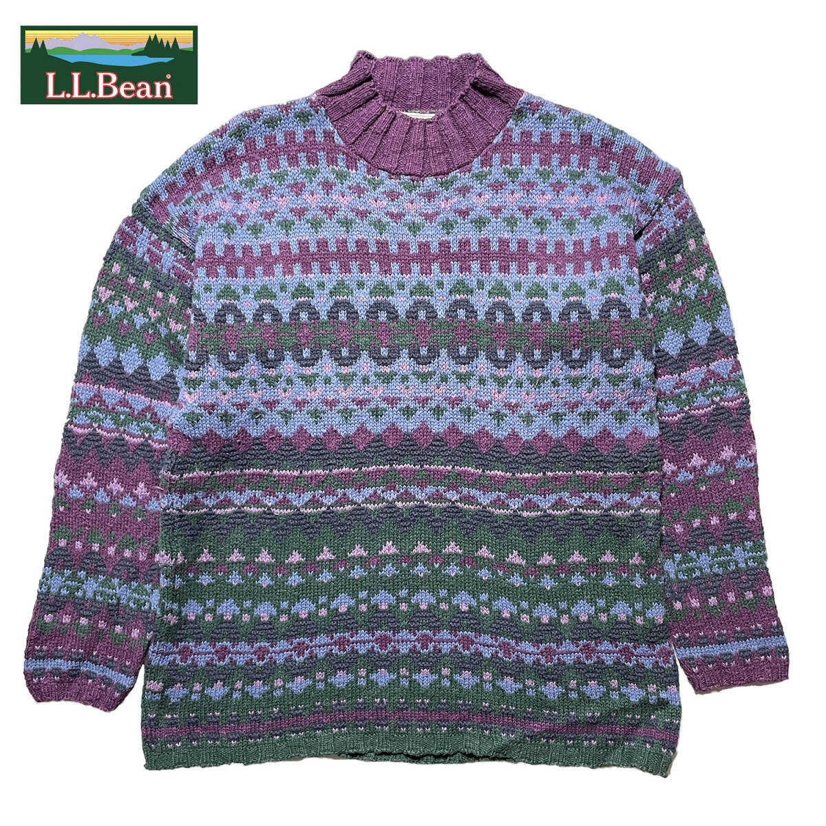 USA 古着 80S 90S USA製 L.L.Bean エルエルビーン コットンニット モックネック フェアアイル セーター レディースXL相当 LLビーン BJ0757