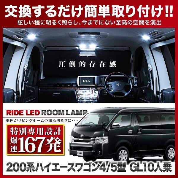 RIDE LEDルームランプ 152発 【専用基板】200系 ハイエースワゴン 4型 5型 GL10人乗り