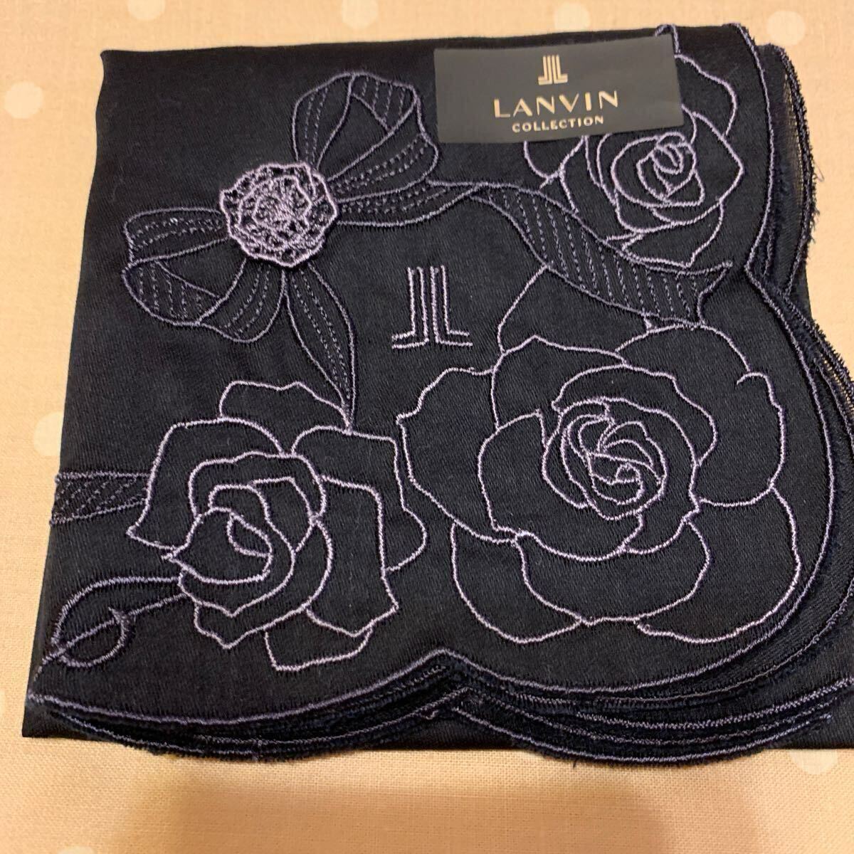LANVIN ランバン ハンカチ 薔薇ローズ刺繍 黒ブラック スカラップ 未使用C