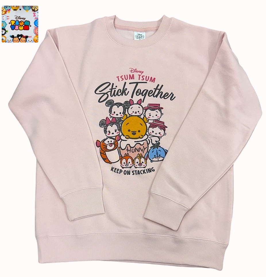即決　Mサイズ レディース★新品タグ付 TSUM TSUM ツムツム ディズニー★ツムツムファミリー プリント/pk★裏起毛 トレーナー/gn★￥2728