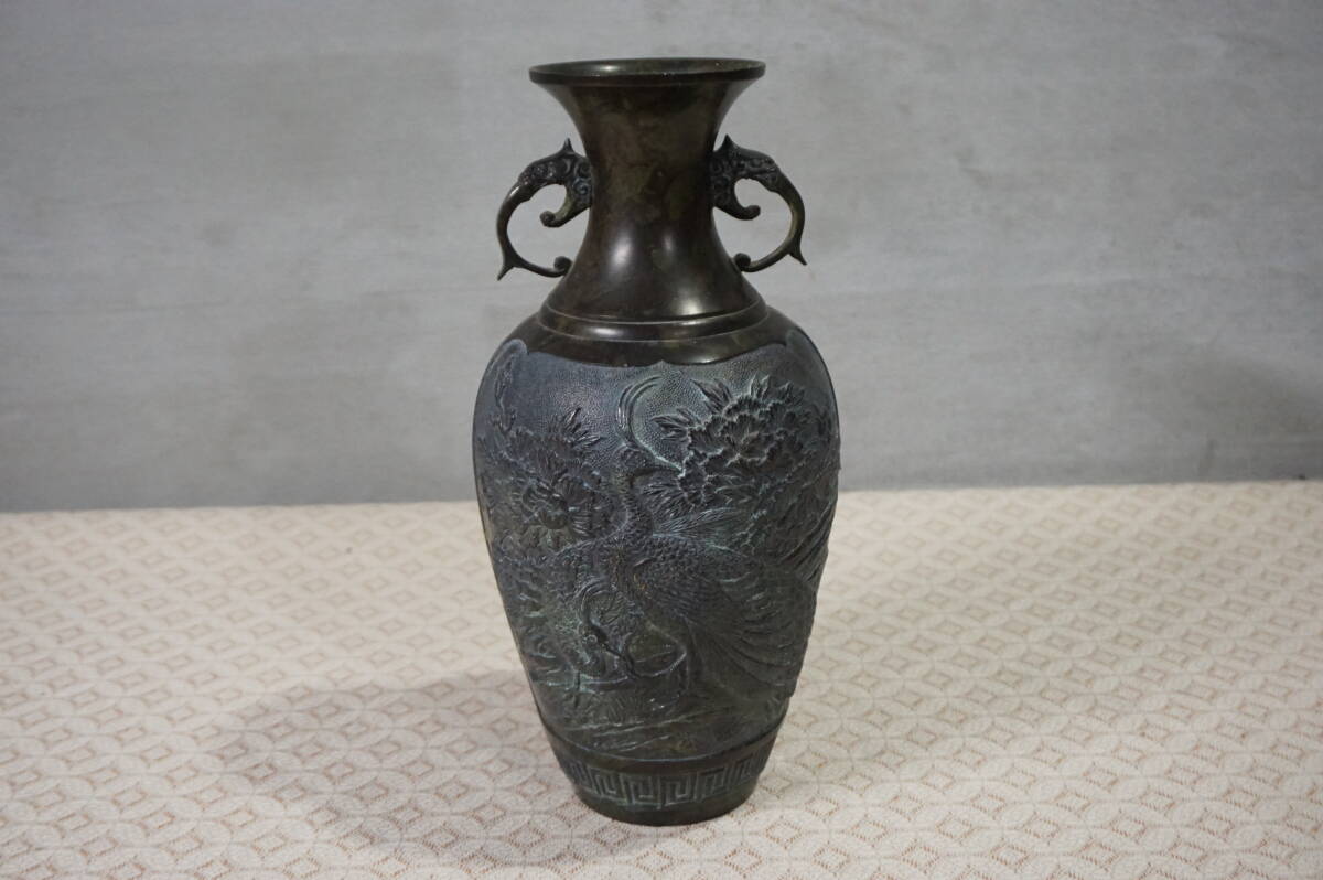 銅花器☆壺 浮彫鳳凰図 双耳 双鳳凰 - メルカリ