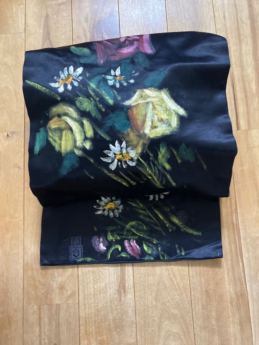 【兎】昭和レトロ　薔薇の絵　繻子の名古屋帯　アンティーク　正絹　古布