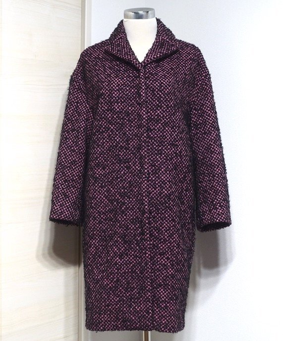 18AW 美品 PRADA プラダ バージンウール モヘア ツイード コート P6723 ブラック×ピンク レディース 38 ロングコート アウター_画像1