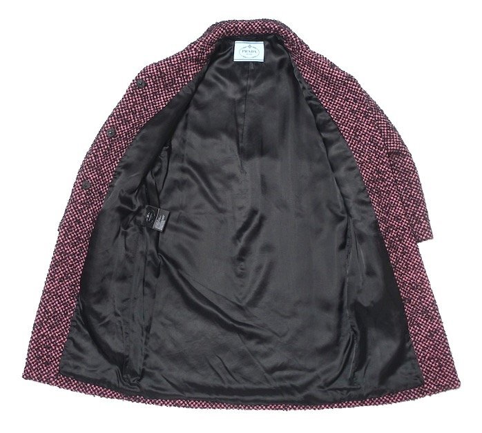 18AW 美品 PRADA プラダ バージンウール モヘア ツイード コート P6723 ブラック×ピンク レディース 38 ロングコート アウター_画像7