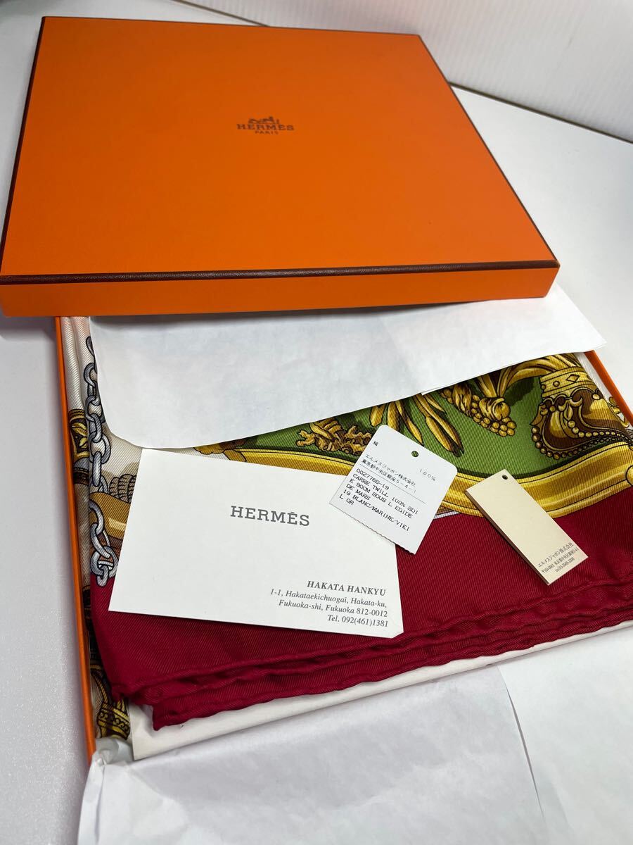 未使用 HERMES エルメス カレ90 silk BATEAU A VAPEUR DE JOUFFROY DABBANS 1784 スカーフ 蒸気船 アイボリー系 箱付き