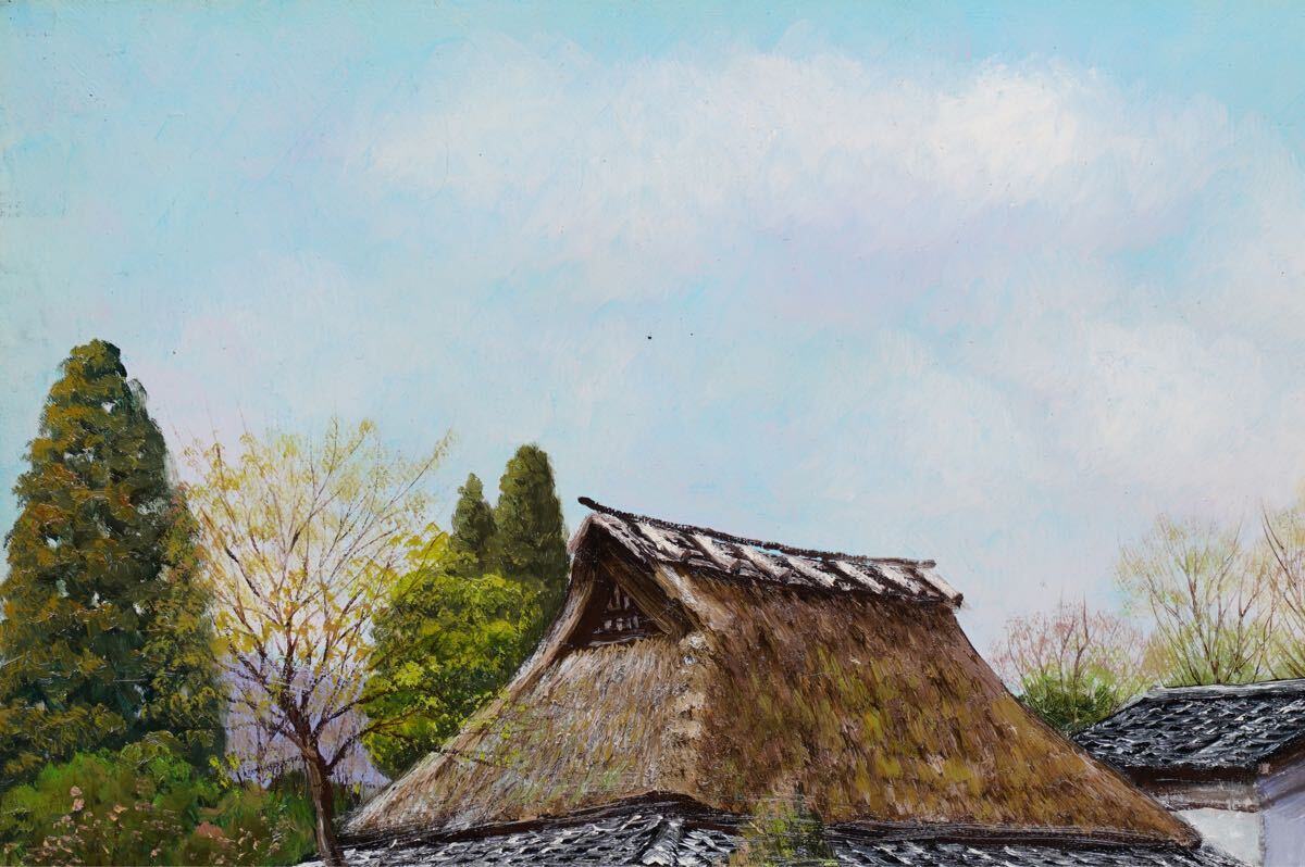 真作」細川進『杏の里』 風景画 F4 号油絵 絵画 油彩画 額装