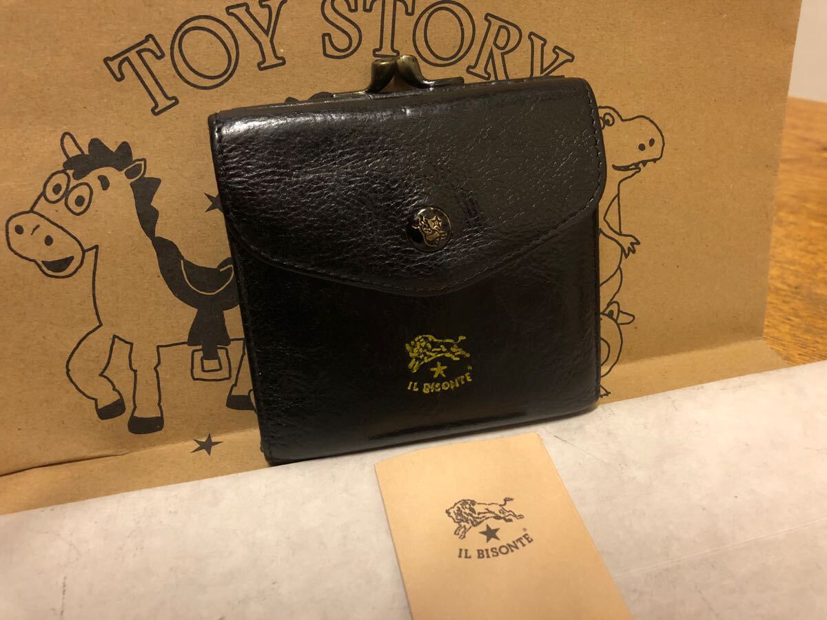 【美品】IL BISONTE イルビゾンテ 二つ折り財布 がま口 ブラック レザー