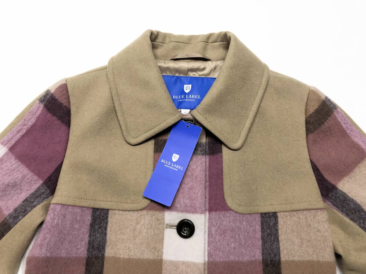 ○★新品未使用　BLUE LABEL CRESTBRIDGE（ブルーレーベルクレストブリッジ）　チェックショートビーバーコート　38　ベージュ★○