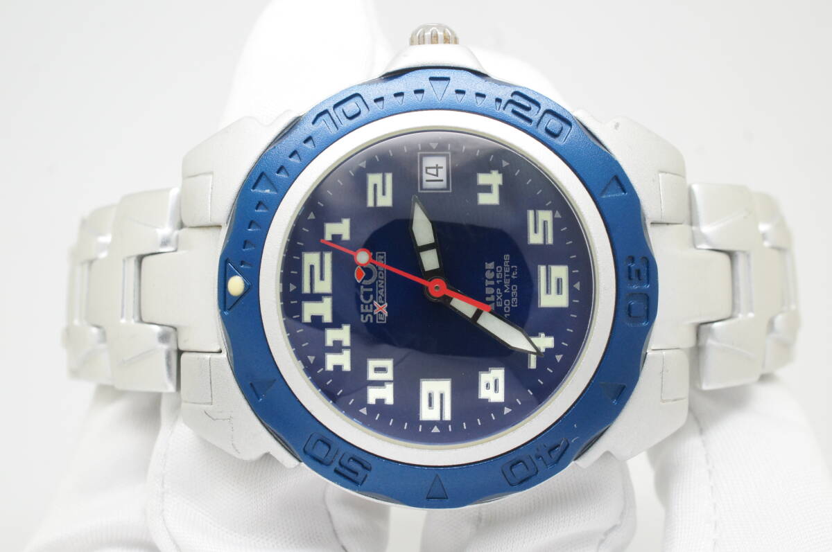 K28●作動良好 美品 SECTOR セクター EXPANDER EXP 150 蓄光 アルミケース 紺文字盤 デイト メンズ腕時計(jì) シルバー お灑落 クォーツ