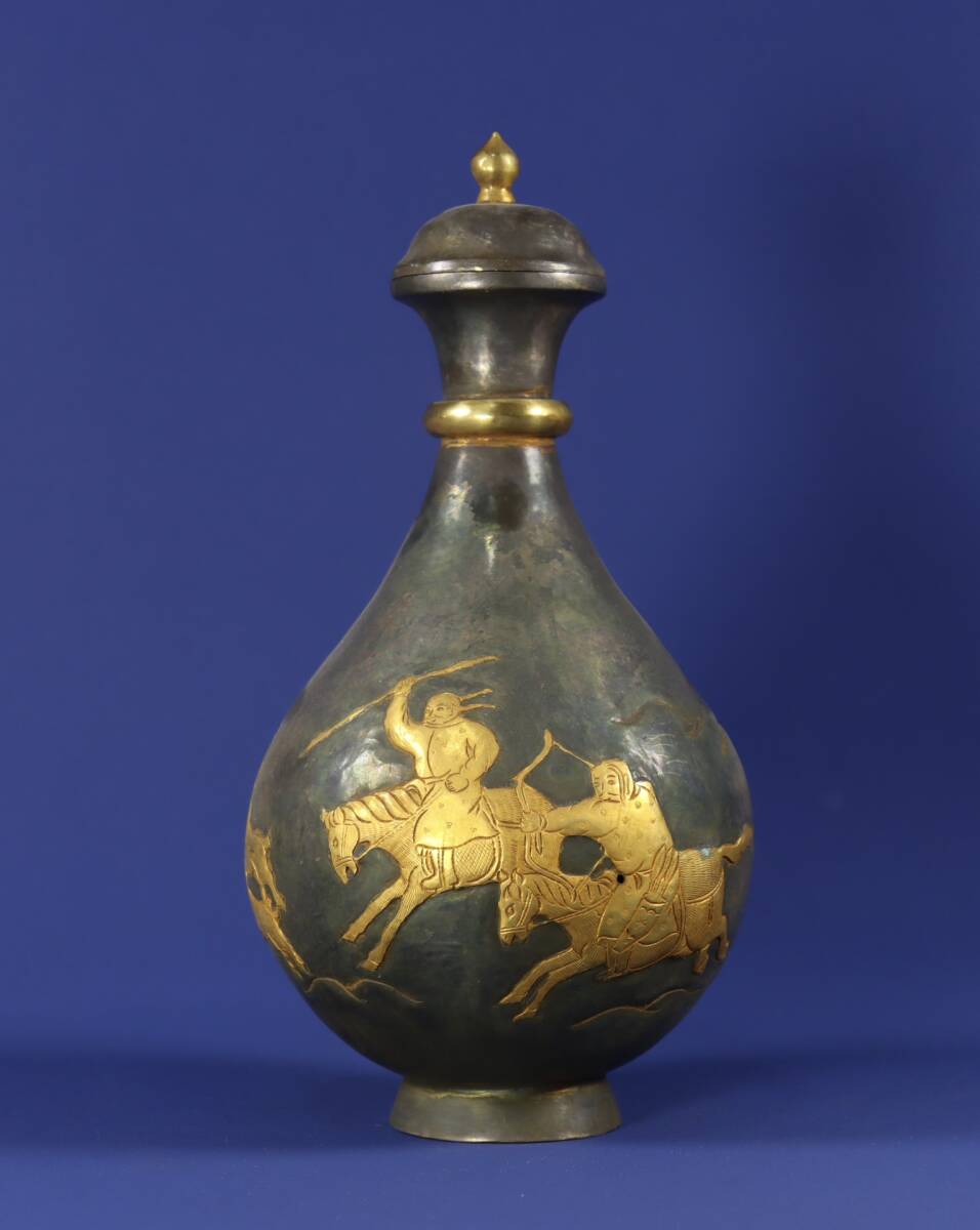 秘藏 唐代時期 局部塗金 狩獵瓶 銅製品 銅器 極細工 希少珍品 古 秘藏 唐代時期 局部塗金 狩獵瓶 銅製品 銅器 極細工 希少珍品 古