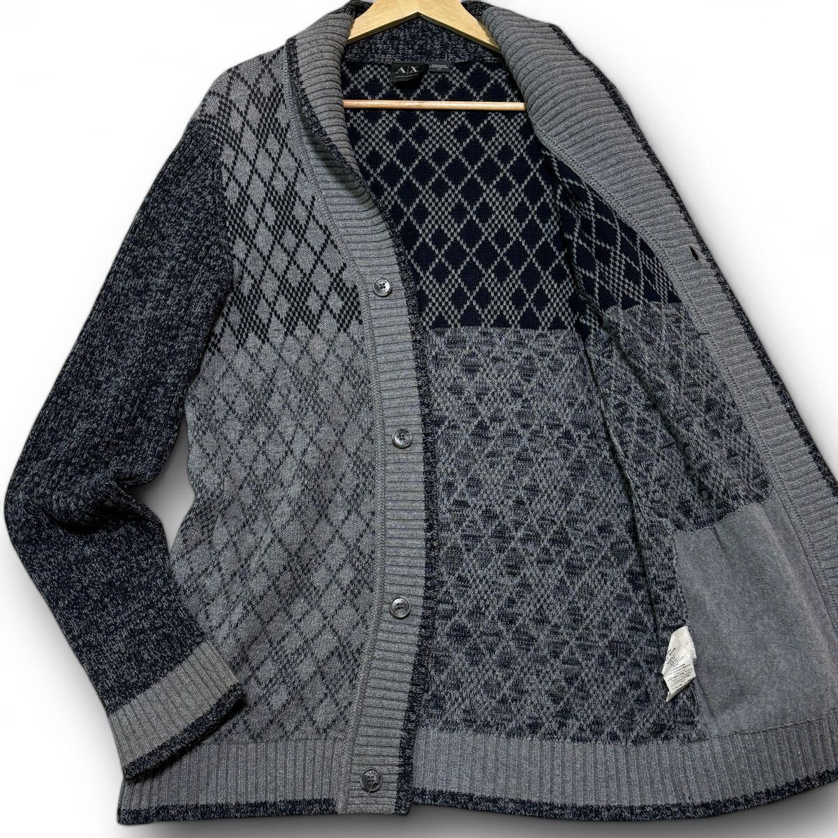 L-XLサイズ● ARMANI EXCHANGE アルマーニエクスチェンジ カーディガン ジャケット ニット 肉厚 エルボーパッチ 幾何学模様 ロゴプレート