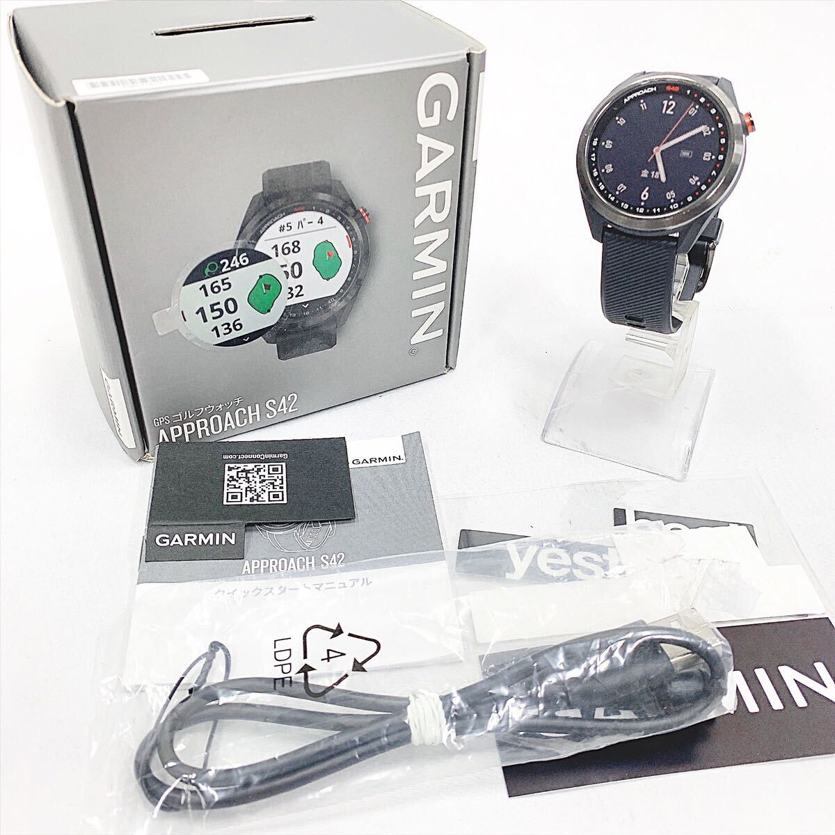 動作品 GARMIN ガーミン スマートウォッチ Approach S42 腕時計 ブラック GPSゴルフウォッチ 充電ケーブル・箱付き R店1017☆