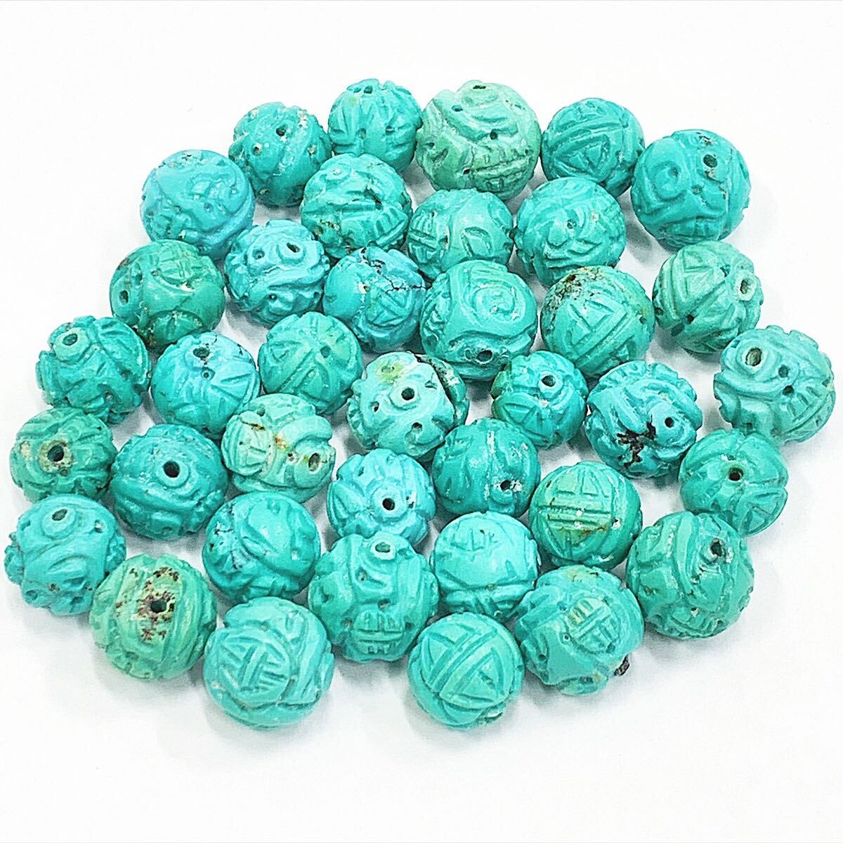 天然石 ターコイズ/トルコ石 彫刻ルース 裸石 まとめてセット 重量:57.7g 直径約12mm ネックレスパーツ ビーズ 宝石 R店1025☆