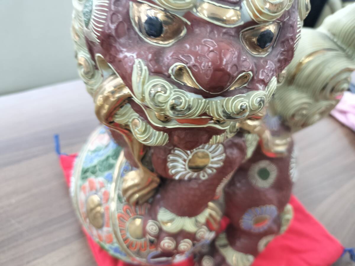 ☆九谷焼 玉獅子 玉乗り獅子 色絵金彩赤獅子 高さ27cm 狛犬 ☆九谷焼 玉獅子 玉乗り獅子 色絵金彩赤獅子 高さ27cm 狛犬