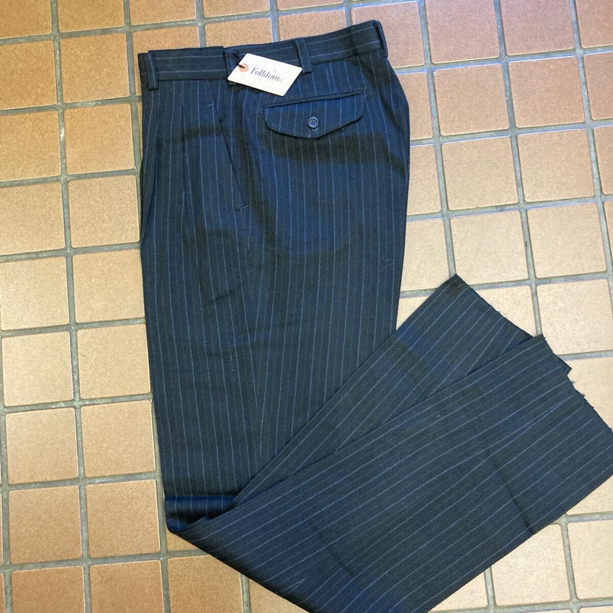 【新品】ビジネス スラックス ゴルフ サイズ M(76cm ) 2タック 日本製 毛 100% ツィード 肉厚生地 濃紺 ストライプ柄 レトロ ヴィンテージ_画像2