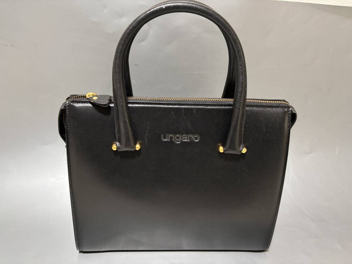 d2876◆昭和レトロ◆ウンガロ ungalo牛革ハンドバッグ黒◆27×22×マチ10ｃｍ