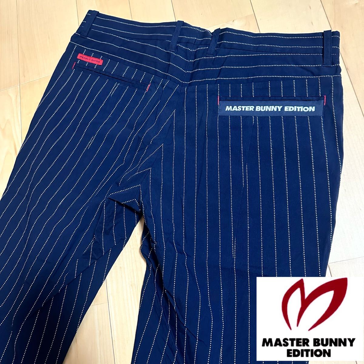マスターバニー5ストレッチパンツ ストライプ柄 メンズ サイズ5 ウエスト88 ロゴ刺繍 高級ゴルフブランド パーリーゲイツ