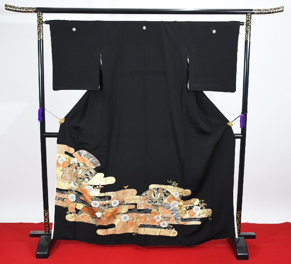 黒留袖 結婚式 扇 菊花 金彩 身丈159cm 裄丈65cm ★着物 e-1134 桜庭呉服店