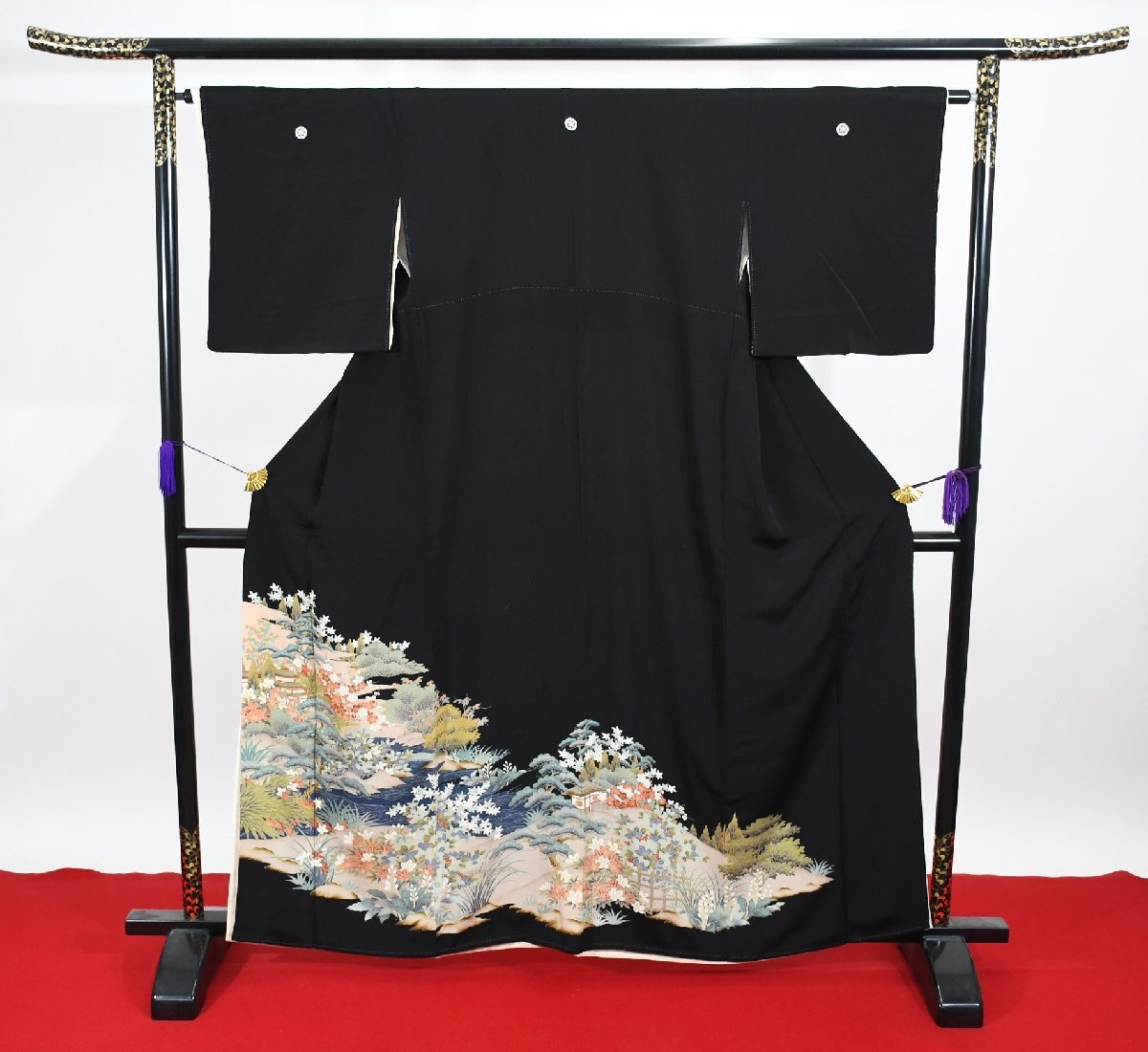 黒留袖 結婚式 風景 花 身丈155cm 裄丈64cm ★着物 e-1140 桜庭呉服店