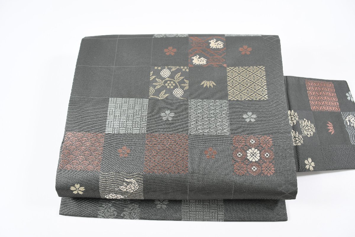 名古屋帯 市松模様 鯛 有栖川文様 花 帯丈360cm ★着物屋 ne-12916 桜庭呉服店
