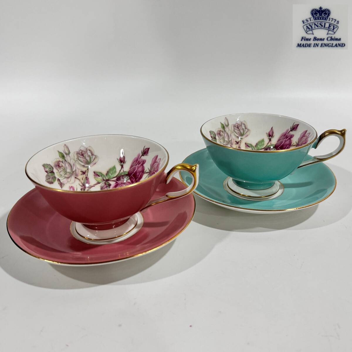 【60600Q】Aynsley エインズレイ エリザベスローズピンク アセンズカップ＆ソーサー ピンク ターコイズ ペア 2点セット 経年保管品 現状品 