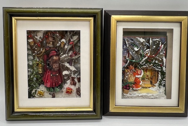 S■ シャドーボックス 2點 セット クリスマス Xmas アート 立體 イラスト 額裝 壁掛 サンタクロース 冬景色 インテリア シャドウ