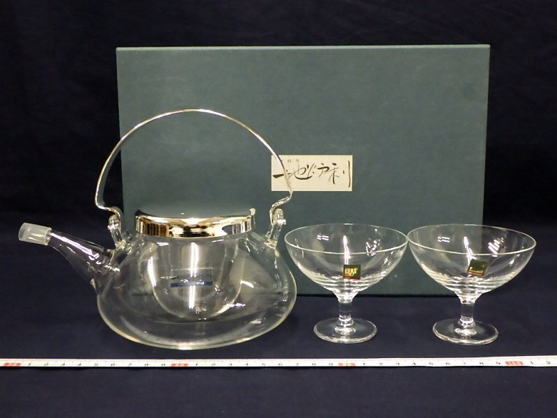 P6646 HOYAクリスタルガラス ちろり 酒盃 3点 燗瓶 冷酒器 紙箱
